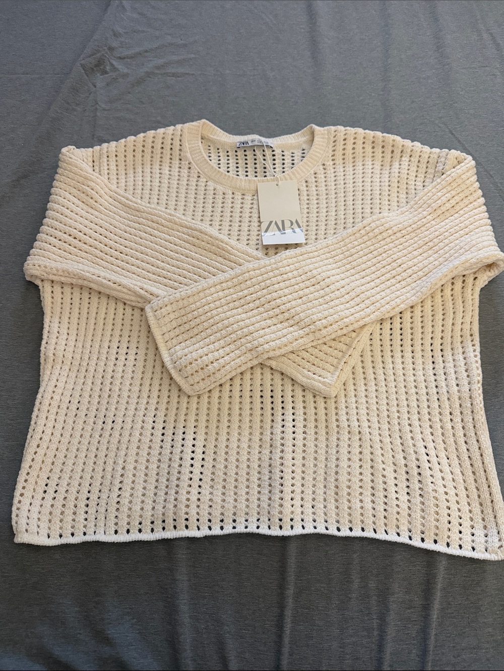 Zara Cream Open-Weave Crewneck Sweater